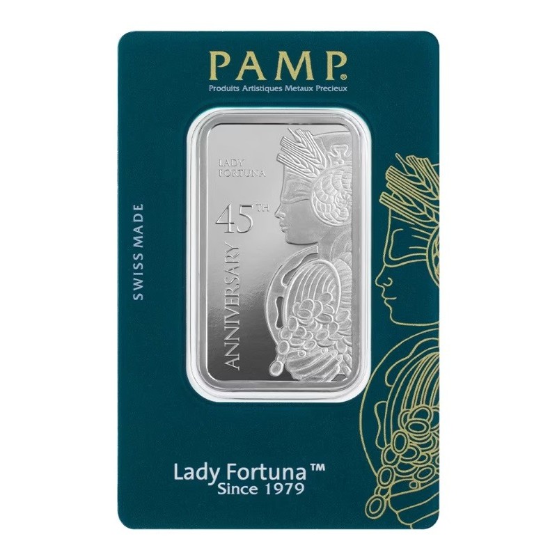 1 oz silver bar Lady Fortuna 45th Anniversary PAMP Suisse .999Ag