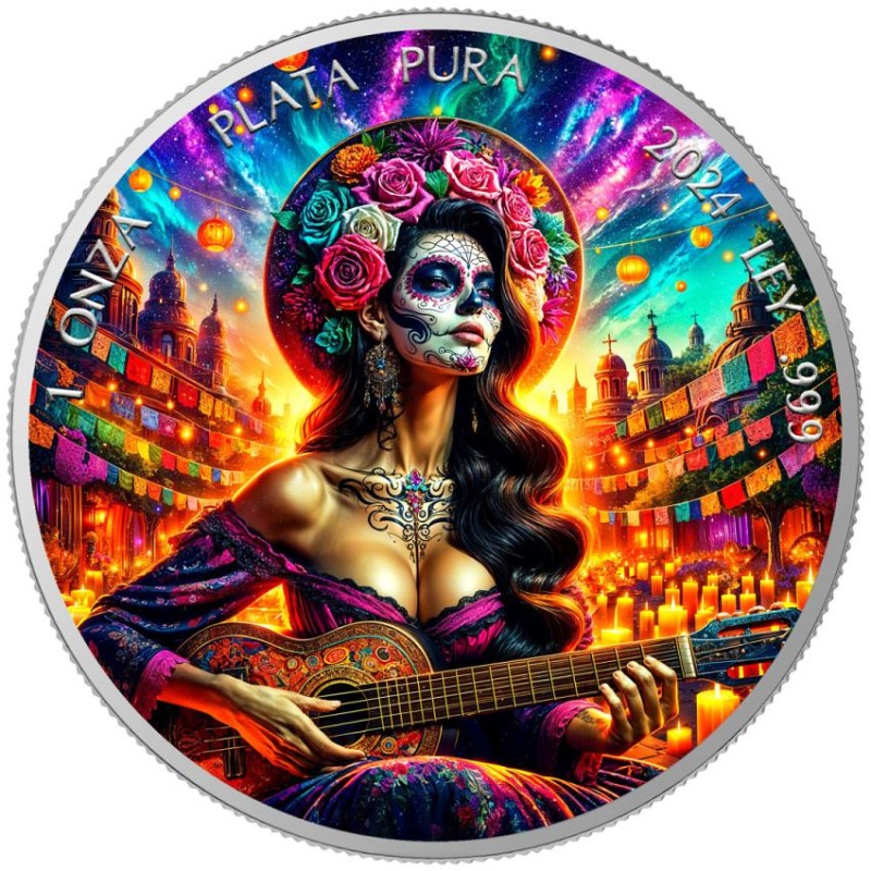 stříbrná 1 oz GUITARIST - SUNRISE Dia De Muertos Libertad 2024 .999Ag